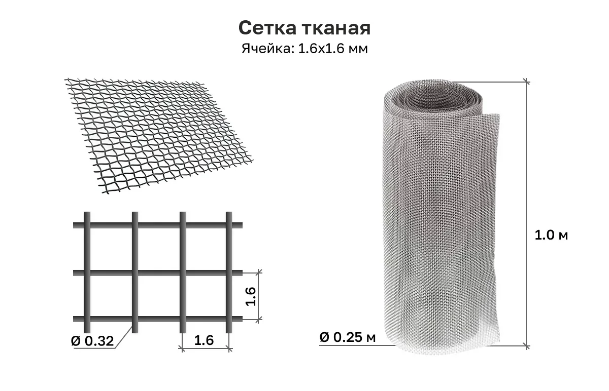 Сетка тканая нержавеющая 1,6х1,6х0,32 рулон 1х10(30) м