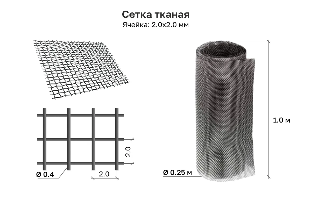 Сетка тканая без покрытия 2х2х0,4 рулон 1х30 м