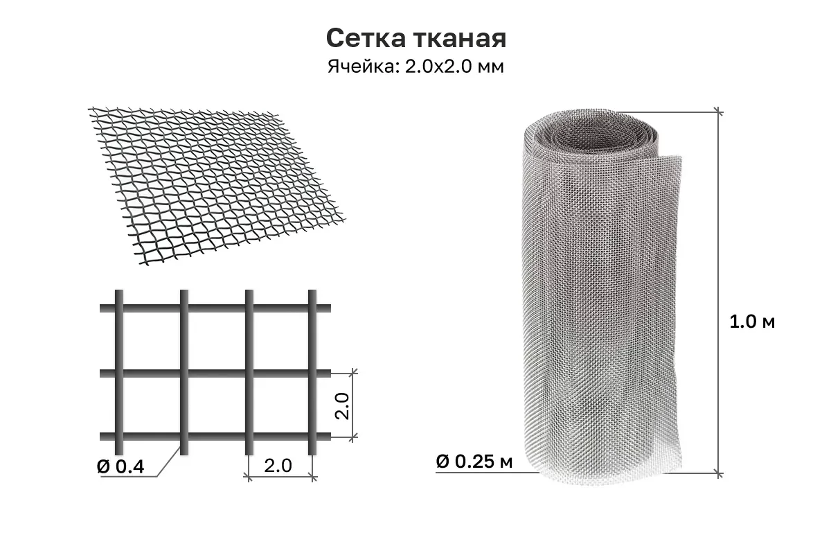 Сетка тканая нержавеющая 2х2х0,4 рулон 1х10(30) м