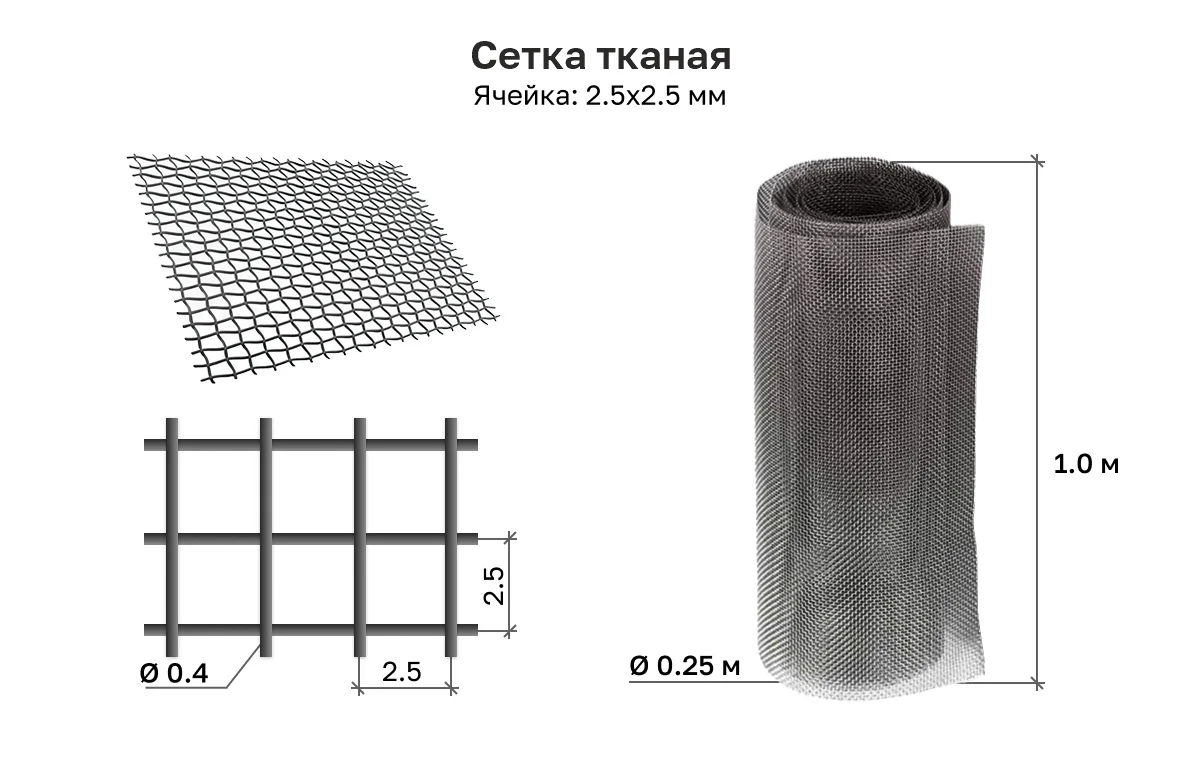 Сетка тканая без покрытия 2,5х2,5х0,4 рулон 1х30 м
